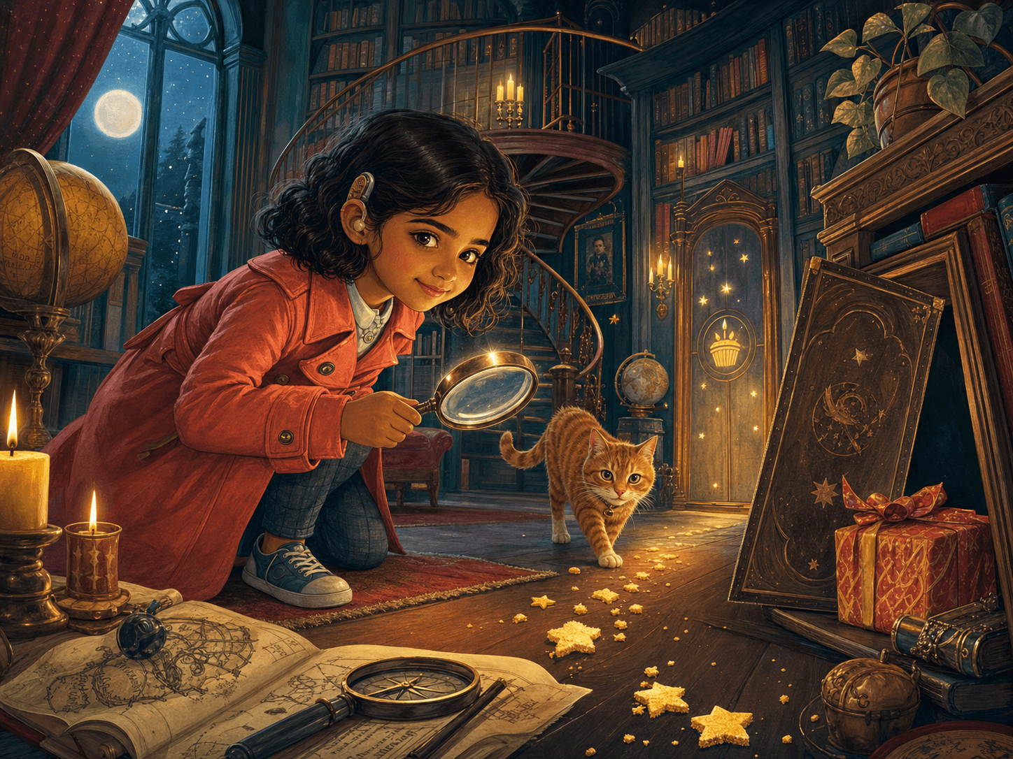 A young detective hero following golden clues through a candlelit library with a ginger cat